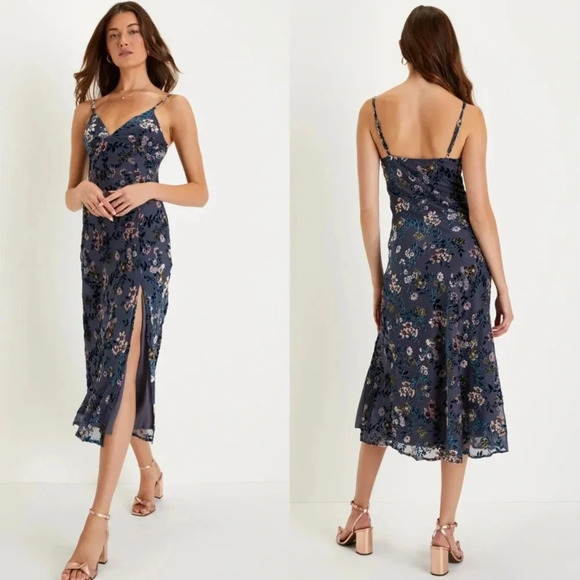 Lulu's Divine Allure Slate Blue Floral Burnout Velvet Midi Dress Wedding Party